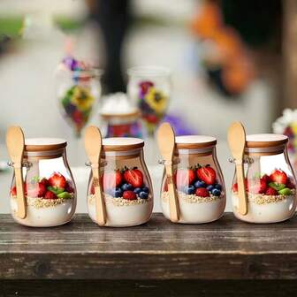 11.96oz Glass Cup, Overnight Oats Cup Set 1/2/3/4 Pcs, Salad Bowl, Oatmeal Jar, Covered Bowl With Spoon For Meal Prep, Glass Jars For Sesame Seeds, Pudding, Yogurt