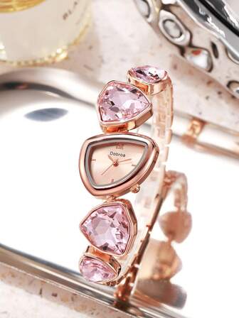 1 pieza Reloj de mujer de moda, caja de oro rosa de lujo con cristales y diamantes, diseño asimétrico único, regalo para damas