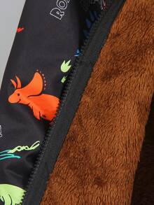 男童恐龙印花保暖连帽拉链外套，时尚街头风休闲外套，适合秋冬季穿着