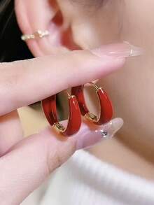 1 Pair Classic European And American Fashion Red And Green Enamel Hoop Earrings, Minimalist Versatile Earrings For Women, Autumn/Winter Unique High-End Earrings - Multicolor - View 4