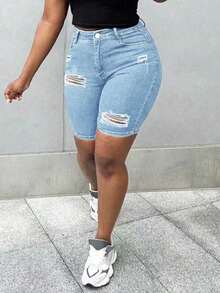 Plus Size Women Elastic Distressed Skinny Denim Bermuda Shorts Casual Summer - Light Wash - View 3