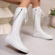 love ycodo Women's Fashionable Over-The-Knee Boots, New Style High Shaft Boots For Girls/Students, With Side Zipper And Decorative Chain - White - View 6