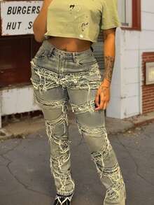 Y2K 90s Streetwear Slant Pocket High Stretch Distressed Frayed Patchwork Unique Tassel Design Hip Hop Jeans Casual Spring - Blue - View 8