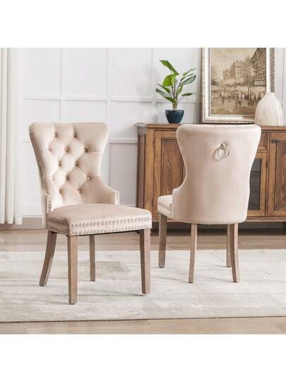 Dining Stoel (Kitchen Chair, Living Room Original Knocker On The Back, Set Of 2), Upholstered Nailhead Solid Wood Legs, Fluwelen Upholstery, Beige