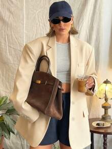 Women's Casual Loose Fit Black Long Sleeve Blazer Jacket With Buttons And Pockets, Versatile For Commuting, Spring/Autumn - Apricot - View 4