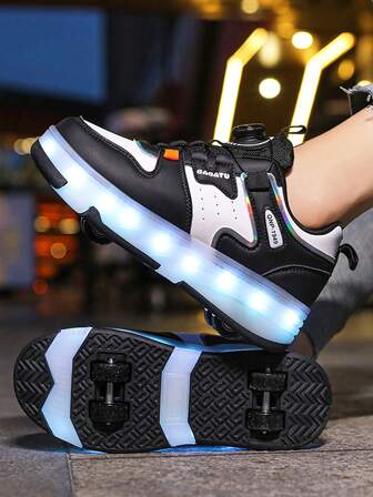 4-Wheel Roller Skate Shoes For Boys & Girls, New Kids Wheeled Sports Sneakers, Fashion Rotating Button Adjustable Roller Skate Shoes, PU Leather Lightweight Durable Double Wheel Hidden Roller Shoes, All Season LED Light Up Shoes With USB Charging, Detachable Wheels, 2-In-1 Ice Skating & Roller Skating Shoes