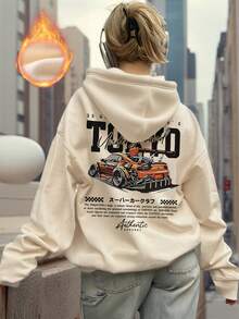 Women's Casual Pullover Hoodie Sweatshirt With Orange Sports Car & Letter Print, Versatile & Fashionable For Daily Wear, Autumn/Winter