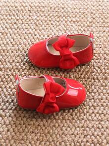 0-1 Year Old Baby Girls Mirrored PU Bow Hook And Loop Design Flat Versatile Princess Shoes, Suitable For Spring/Summer - Red - View 12