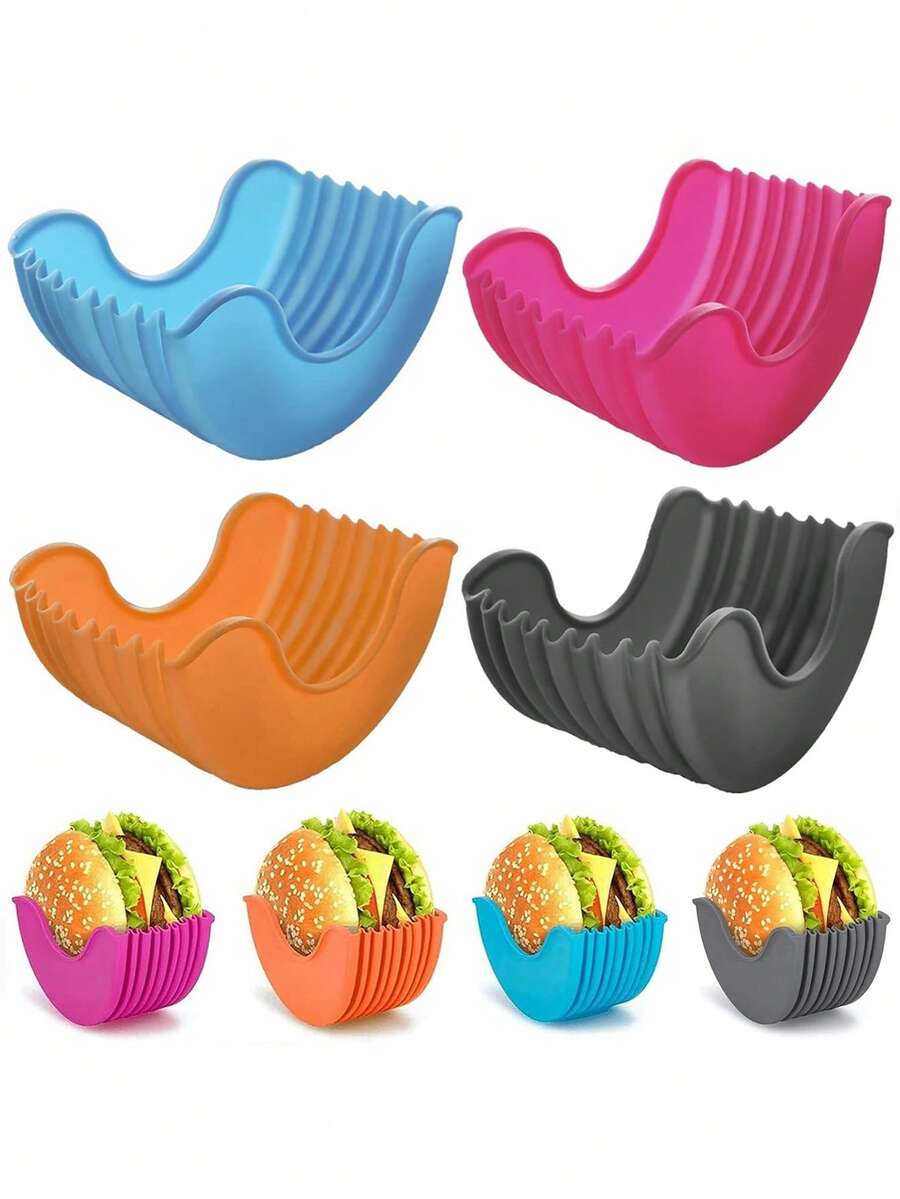 4pcs/1pc Silicone Hamburger Holder, Expandable Plastic Clamp, No-Touch Anti-Slip Hamburger Fixing Box Tray, Reusable Washable Adjustable Silicone Hamburger Stand - Multicolor - View 1