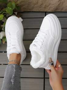 Sneaker bianche da donna, con fodera termica, suola spessa, versatili, leggere, adatte per camminare, andare a scuola, attività all'aperto, multifunzionali. Per piedi larghi, si consiglia di ordinare una taglia in più. - Bianco - Visualizzare 11