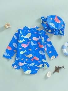 Toddler Little Girl Swimsuit Set Whale Fish Rash Guard Long Sleeve Zip-Up Bathing Suit With Hat 2 Piece Set - Blue - View 3