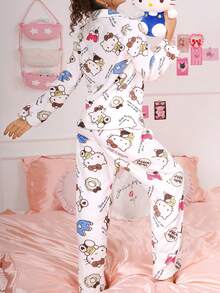 SANRIO Pajamoom 女士两件套睡衣，白色，保暖， 家居服，字母和卡通印花，翻领，睡衣，可爱家居服套装，蓬松冬季服装 - 白色 - 查看 3