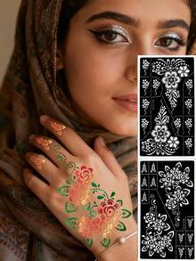 2 Sheets, Small Fresh Flower Hand Drawn Tattoo Hollow Template, Self-Adhesive And Reusable For Body Painting - Black - View 11