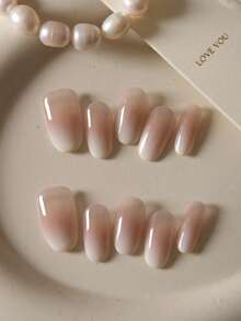 10片装按压式假指甲，短款奶油黄猫眼极简极光渐变闪亮办公日常佩戴假指甲套装，包含1张粘合贴片和1个迷你指甲锉，手工制作按压式假指甲 - 彩色 - 查看 8