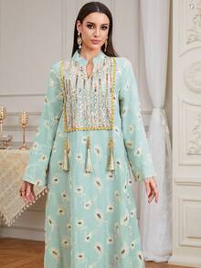 Vestido largo de jalabiya con bordado, tejido, flecos y aplicaciones de lentejuelas, nuevo para mujeres en Ramadán - Verde - Ver 5