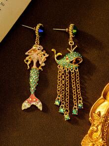 1对女士时尚耳环，铜合金材质，奢华优雅流苏美人鱼珐琅鲸鱼造型，优雅垂坠耳环，适合宴会、节日、度假等场合佩戴。 - 彩色 - 查看 4