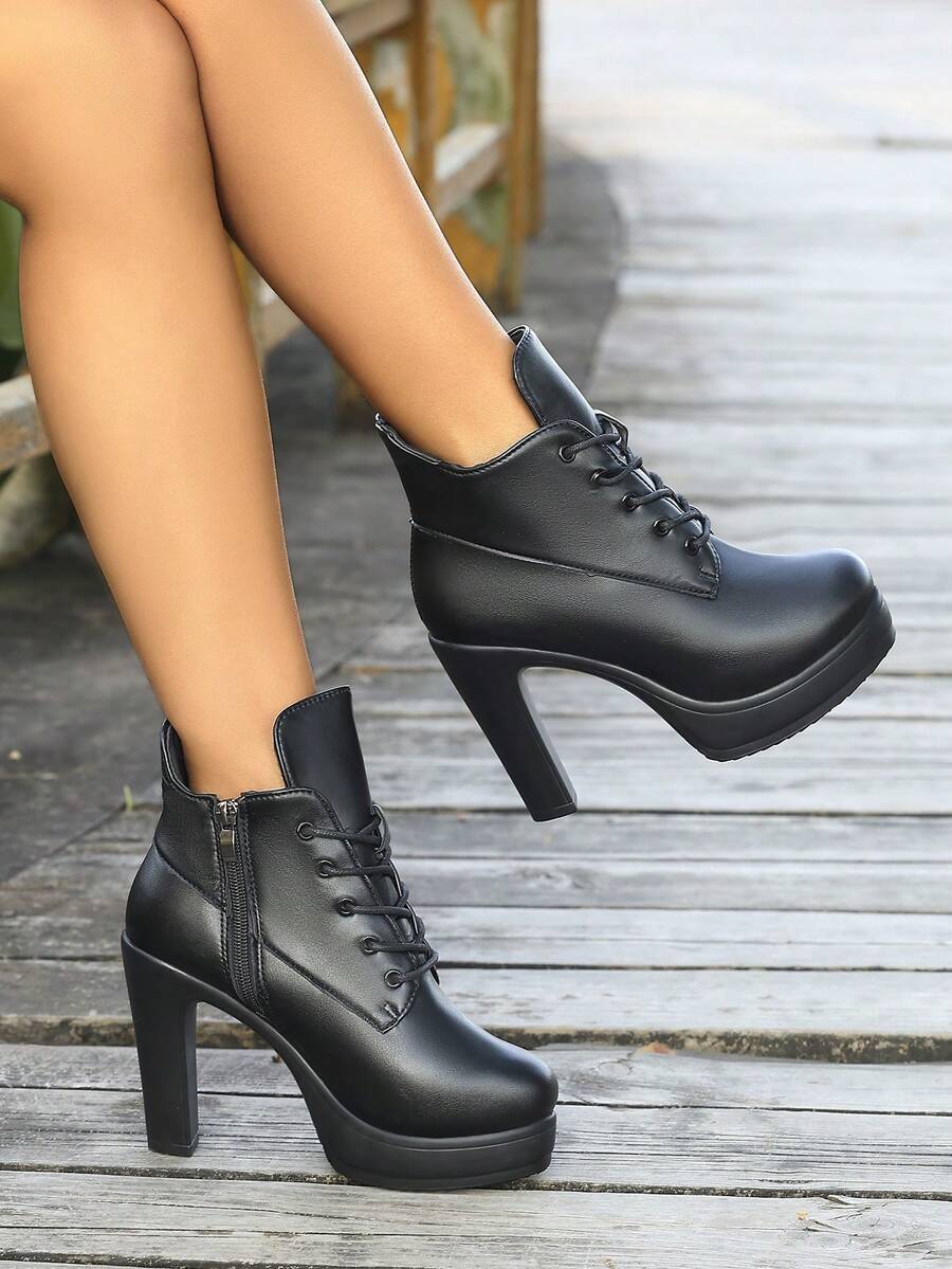 新款时尚欧美风防水厚底细跟踝靴，超高跟圆头系带修身靴，秋/春季款 - 黑色 - 查看 1