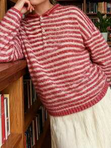 Women Striped Knit Sweater Long Sleeve Button Closure Solid/Stripes Pullover Warm Sweater For Fall Winter - Burgundy - View 2