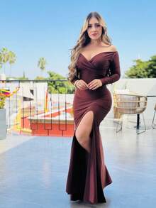 Vestido largo satinado con escote cruzado con abertura lateral y drapeado posterior - Café integral - Ver 4
