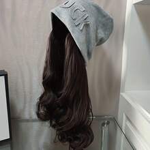 Festive Grey Hair Beanie With Long Curly Body Wave, Warm Winter Cap For Christmas Thanksgiving Parties, Unisex Thermal Hat With Synthetic Hair For Daily Use - Dark Brown - 查看 11