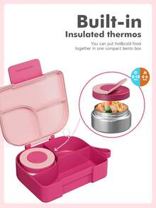 Meoky Bento Lunch Box With 9oz Soup Thermo, Leakproof Lunch Food Containers With 3 Compartment, Thermo Insulated Hot Food Jar For School, Office, Travel, And Picnics - 粉色 - 查看 4
