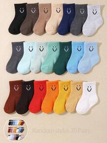 20 Pairs Baby Boys And Toddler Socks Random Smiling Face Jacquard Cuff | Soft Skin-Friendly Short Socks For Daily/Gifts/Travel