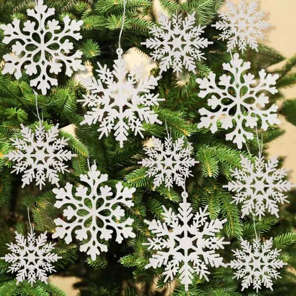 12pcs Shiny White Snowflake Decorations, Christmas Party Snowflake Decor, Christmas Tree Ornaments, Party Decorations, Winter Party Supplies, Comes With Double-Sided Tape And Ribbons