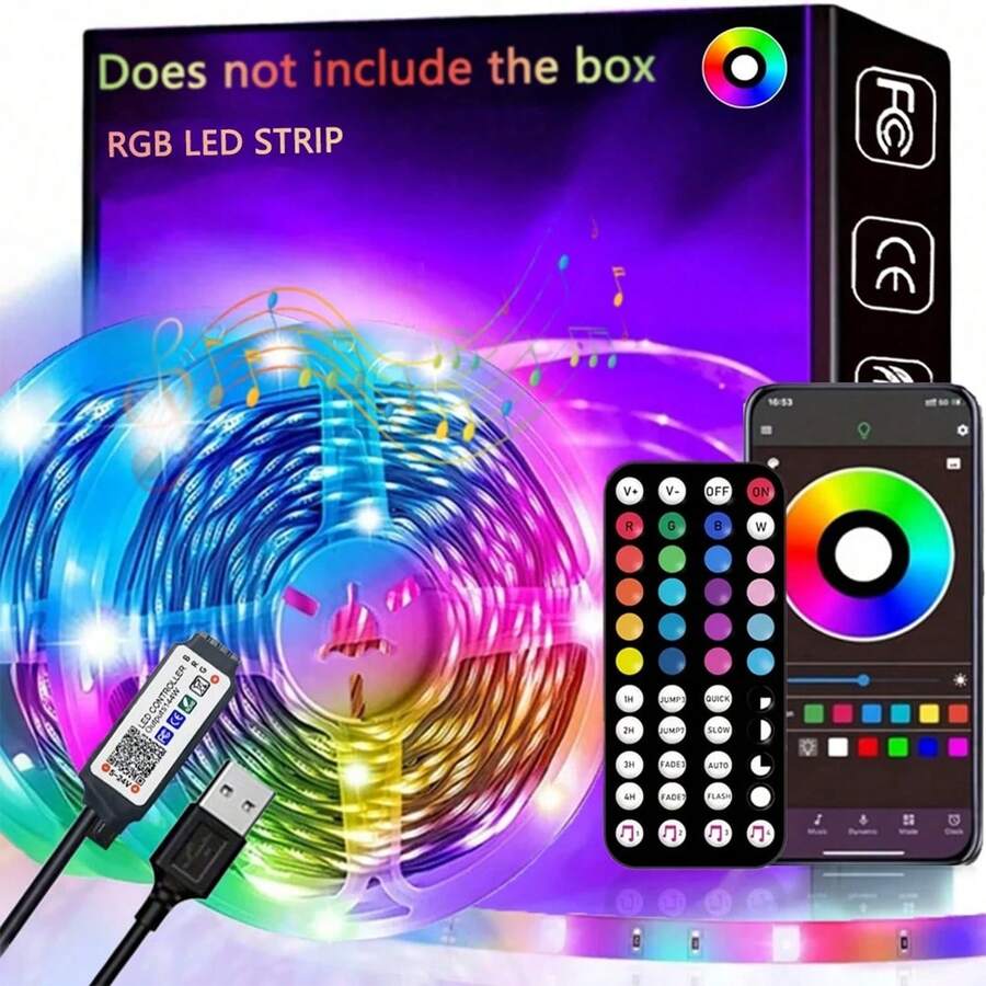 1條 RGB 智慧 LED 燈條，附 44 鍵遙控器與 App 控制，音樂同步、定時、可調光、USB 供電、LED、動態變色效果，適用於居家、派對、臥室、電競房照明 - 安裝簡單、多種顏色選擇