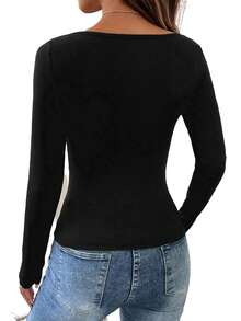 Women Ribbed Knit Tops Slim Fit Solid Color Scoop Neck Long Sleeve Fall Shirts For Daily Sports Office - Black - View 7