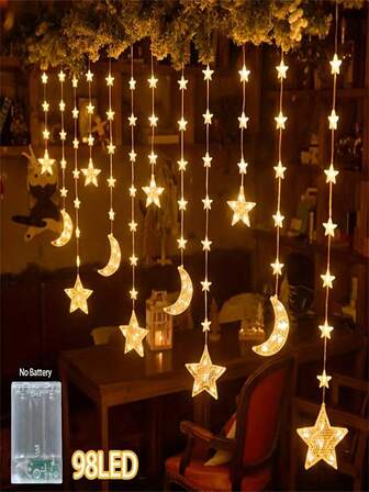 1 pieza Luces decorativas colgantes con estrellas y luna LED, 8 modos de parpadeo, alimentadas por batería (pilas AA no incluidas), 98 luces blancas cálidas, ideal para decoración interior de dormitorio y cortinas, perfecto para fiestas festivas, Eid Al Fitr