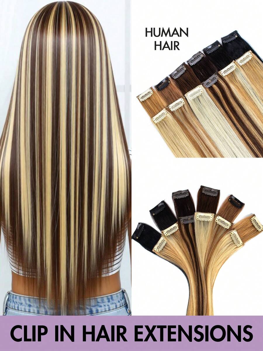 6件套1片式夹式接发，真人发丝，直发，挑染，夹式真人发，派对自然黑直发，女士夹式接发，女孩角色扮演和派对，易于佩戴，圣诞节适用 - 彩色 - 查看 1