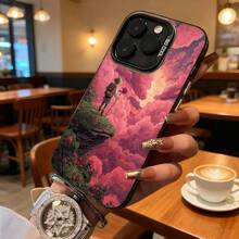 Funda de Teléfono Paisaje de Fantasía de Nubes Rosadas con Diseño de Senderista y Flores para iPhone 14 15 Pro Max y  Galaxy S23 S24 Series Adecuada para Todas las Estaciones Opción de Regalo Ideal - Negro - Ver 7
