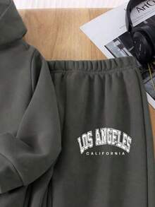 青少年男孩字母印花连帽衫卫衣和运动裤套装 - 深灰色 - 查看 4