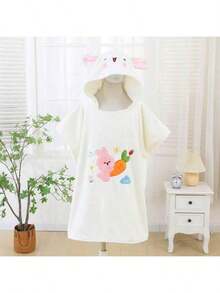 1pc Rabbit & Carrot Fashionable Style Kids Bathrobe, Coral Fleece Absorbent Children Bath Towel, Embroidered Hooded Cloak, Cartoon Bathrobe Suitable For Home Use - Multicolor - View 14