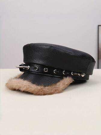 1pc Women's Newsboy Cap, Punk Style With Fur, Rivet & Leather Buckle, Rebellious Beret Hat, Suitable For Everyday Commute Or Party/Event