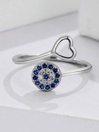 1 Elegant S925 Sterling Silver Blue And White Zirconia Eye Ring With Hollowed Out Heart-Shaped Opening Ring For Women's Commuting And Party Outfits