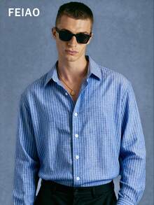 男士复古硬币纹纽扣前襟条纹做旧长袖衬衫，休闲百搭，适合所有季节 - 藍白色 - 查看 3