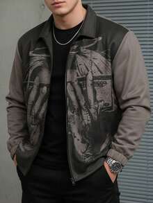 Men's Casual Graphic Print Suede Fleece Collar Jacket, Suitable For Spring And Autumn