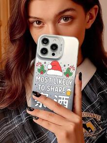 1pc Funda de Teléfono de TPU de Cobertura Completa a Prueba de Golpes con Borde Suave, Impresión de Gorro de Santa Rojo, Hojas de Acebo Verdes, Bastones de Caramelo, Copos de Nieve, Jarra de Cerveza y Letras 'MÁS PROBABILMENTE PARA COMPARTIR', Funda de Teléfono Navideña para Amigos y Familiares Compatible con iPhone 17/16/15/14/13/12/11/Plus/Pro/Promax/Air, Galaxy S25/S24/S23/S22/S21/FE/Plus/Ultra, Interesante Rompecabezas Impermeable a Prueba de Golpes Resistente a Rasguños, Funda de Teléfono Estilo Navideño, Regalo de Navidad Perfecto - Plateado - Ver 5