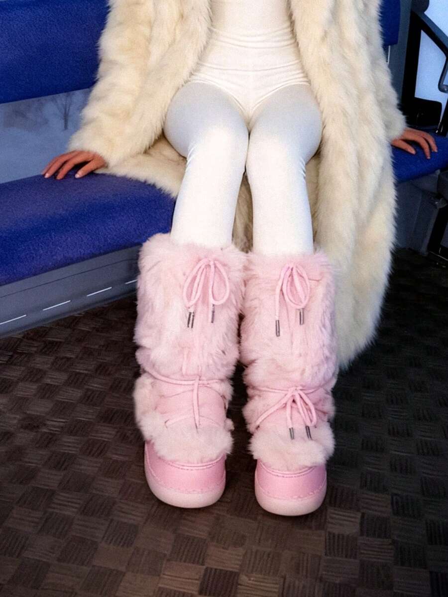 Women's Platform Fur Snow Boots Y2K Fuzzy Fluffy Furry Winter Comfy Ankle Boots For Women Round Toe Platform Lace-Up Fur Boots For Winter Daily Life And Halloween Party - 粉色 - 查看 1