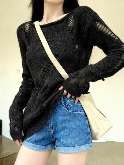 2023秋冬女款Y2K镂空做旧纯色圆领长袖休闲毛衣 黑色