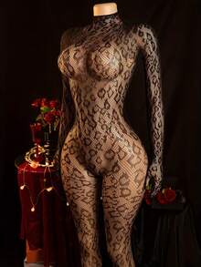Sexy Leopard Print Bodysuit - High Elasticity Nylon Long Sleeve Full Mesh Fabric, Crotch Cutout Design, Hand Wash Only, Leopard Print Lingerie, Skin-Tight Fit, Bold & Fashionable, , Slim Cut, Exquisite Pattern, Alluring Apparel, Breathable Fabric, Bodysuit, Avant-Garde Fashion - Black - View 5