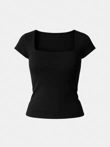 Set Of 3 Women's Short-Sleeve Blouses In Cool Mesh Spandex, Basic Square Neckline - Red, White and Black - View 4