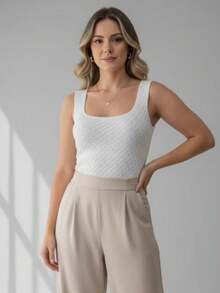 Body Feminino Tricô Modal Básica Tricot Decote Quadrado Moda Verão - Branco - Visão 2