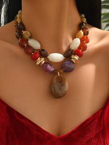 Elegant Vintage Quality Sexy Heart-Shaped Glass Inlaid Pendant With Golden Floral Pattern, Oval Resin With Asymmetrical CCB Metal Beads, Available In Bohemian, Dopamine, Brown Amber, Orange, Purple, Red Large Heart Pendant Necklaces, Asymmetrical Floral Resin Beaded Large Pendant Necklaces, High-End Women Jewelry Necklaces - Multicolor - View 14