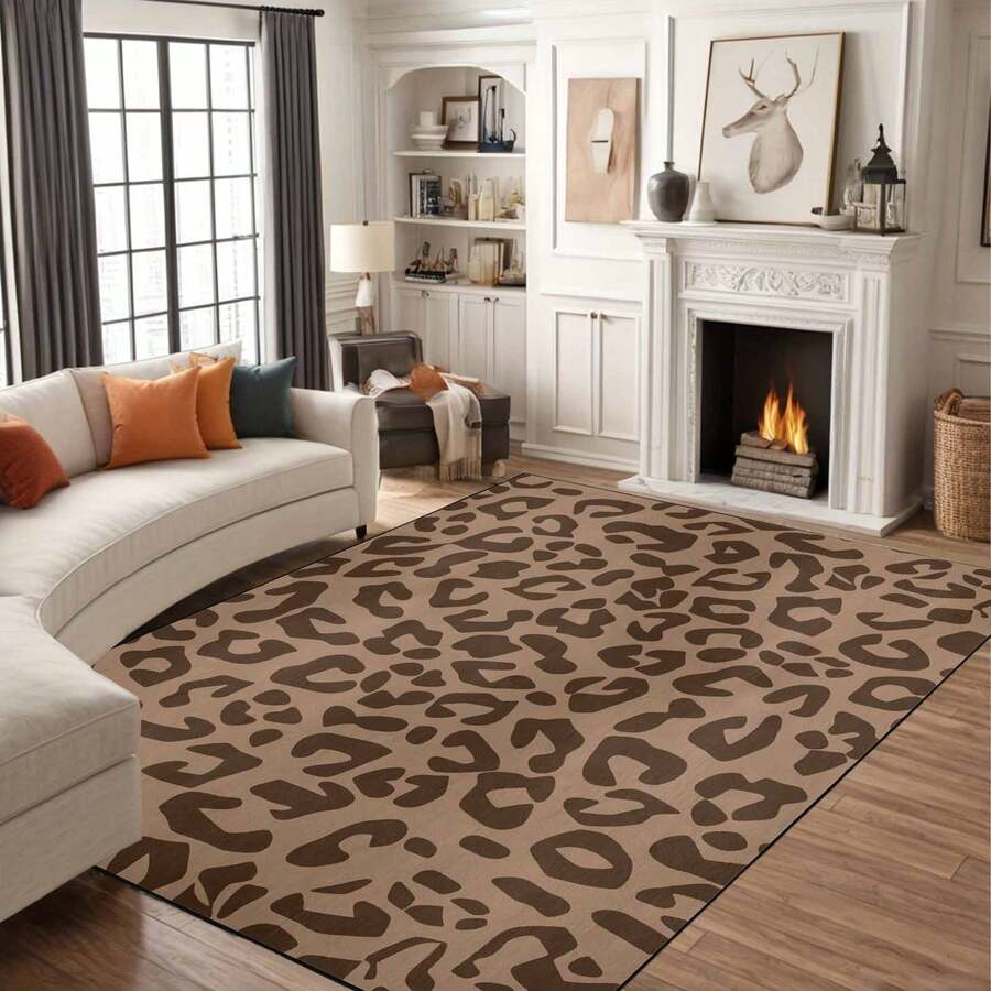 1Pc Large Fashionable Leopard Print Pattern Area Rugs, Black And Gray Color Scheme, Non-Slip Backing, Lightweight, Durable Polyester, Machine Washable, Easy To Clean, Soft Felt Back, Suitable For Living Room, Bedroom Or Office, Sofa, Coffee Table, Kitchen, Bathroom, Balcony, Entrance Carpet, Apartment, Dormitory, Porch, Patio, Farmhouse Decor, Low Pile Carpet, Low Pile Carpet - 樣式 2 - 查看 1