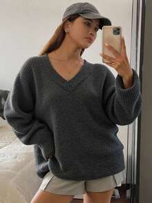 Livesso Suéter feminino casual de tricô em cor sólida, ideal para outono/inverno. - Cinza - Ver 3