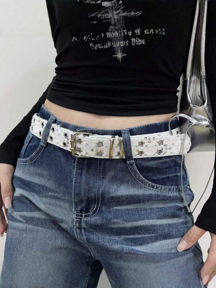 1pc New Fashionable Luxury Belt, Black Punk Accessory, Blue Denim Cinch Waist Belt, Hollow Star Buckle, Unisex - Black - View 5