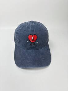 1 pieza Gorra de béisbol de denim vintage lavado con bordado de corazón, gorra snapback casual y versátil unisex - A - Ver 6