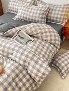4pcs Grey Plaid Bedding Set (1 Duvet Cover, 2 Pillowcases, 1 Flat Sheet), Modern Elegant Style, Skin-Friendly Comfortable, Suitable For Twin/Full/Queen Beds, All Seasons